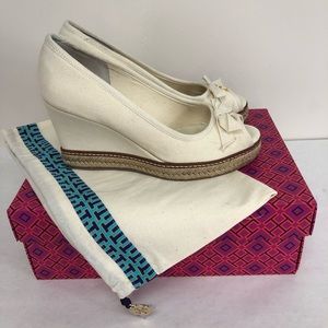 Tory Burch “Jackie 2” ivory peep-toe wedge heels 8